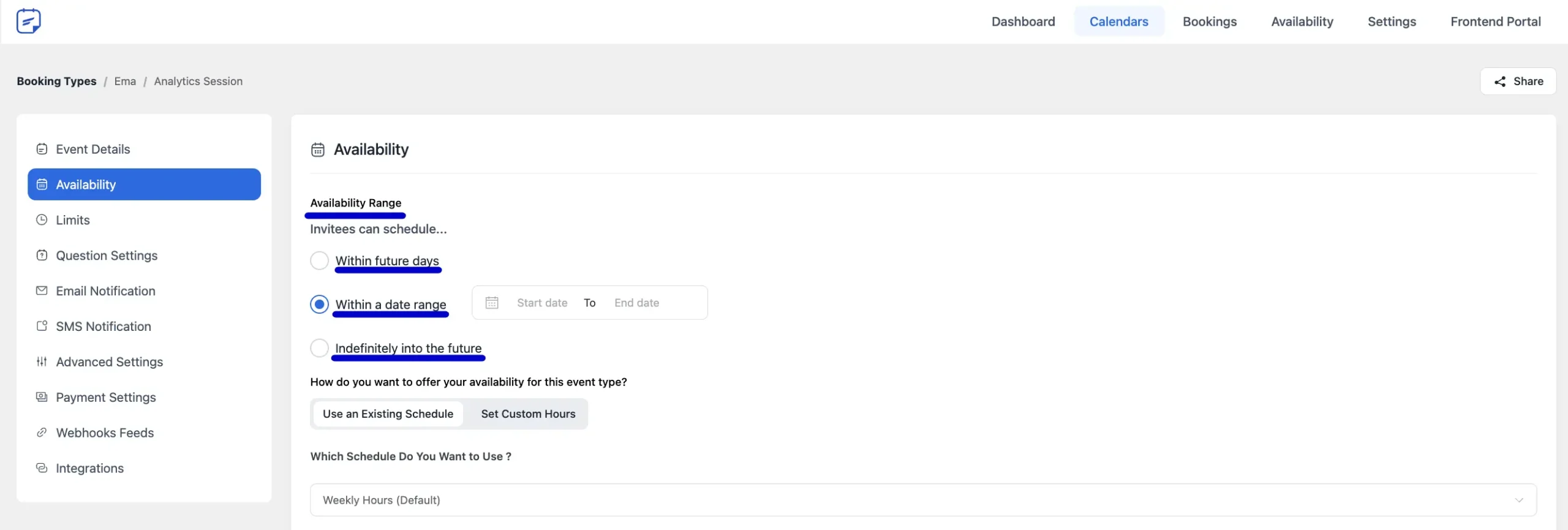 Availability Range Settings