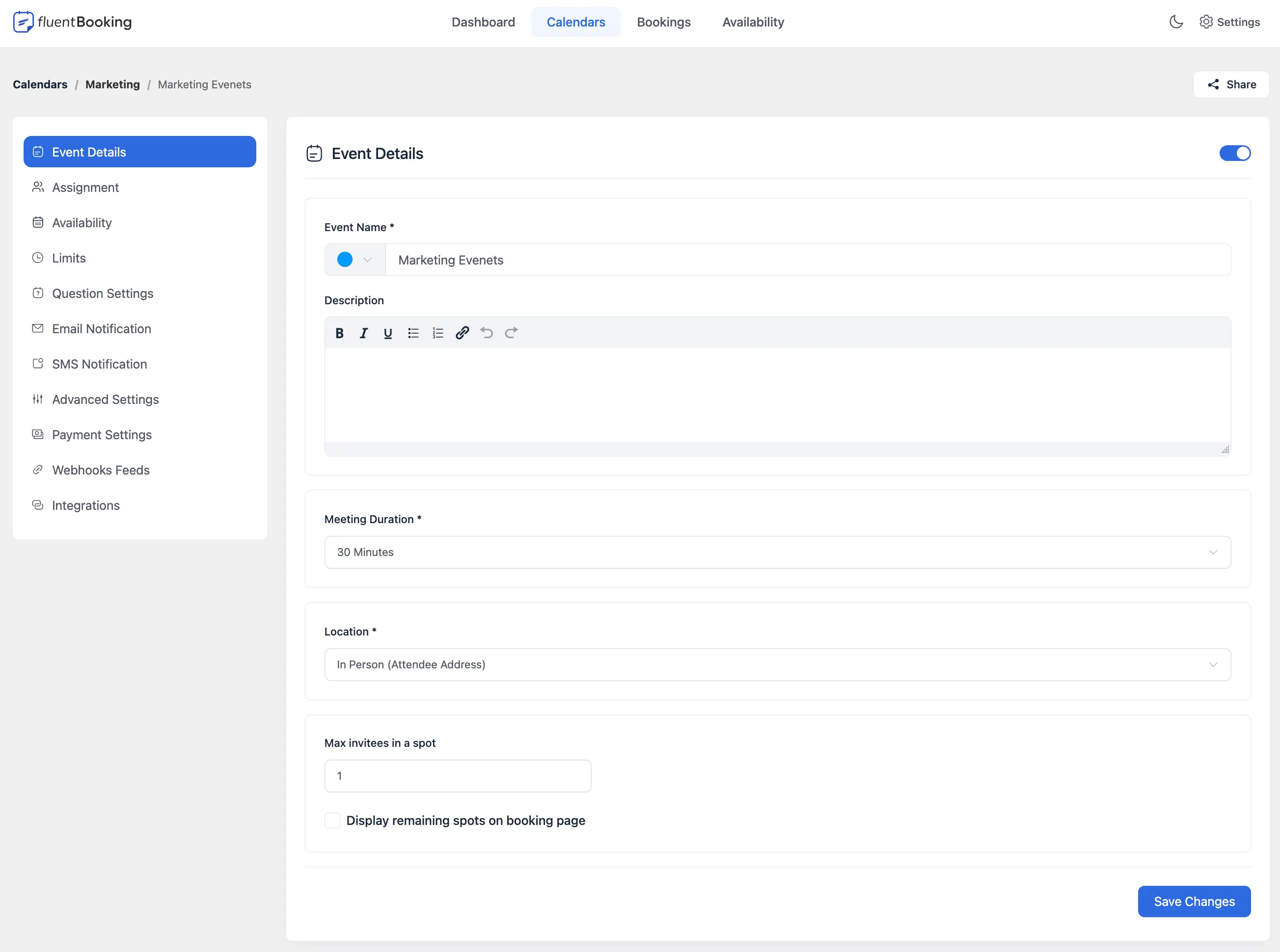 Booking Event Editor