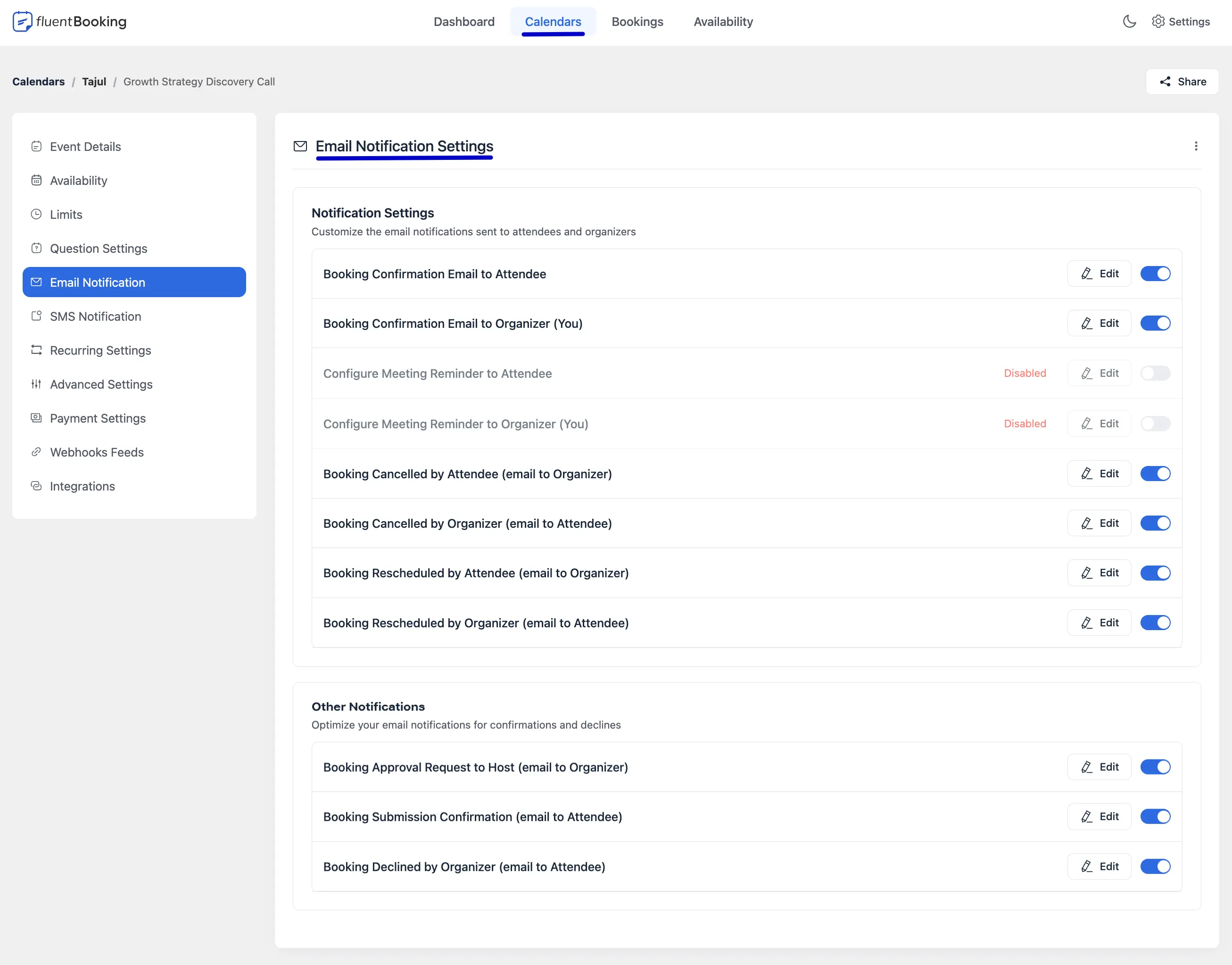 Email notification settings