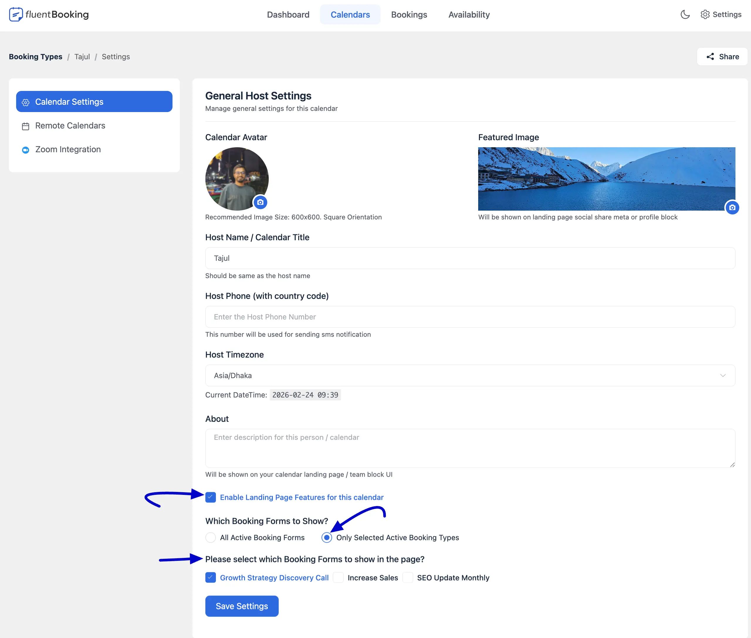 Landing page options - All or Selected Booking Forms