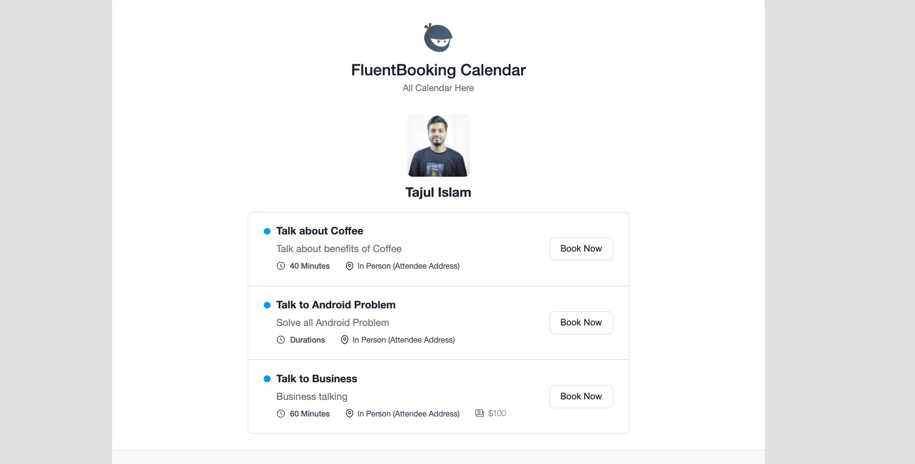Preview of the FluentBooking Calendar